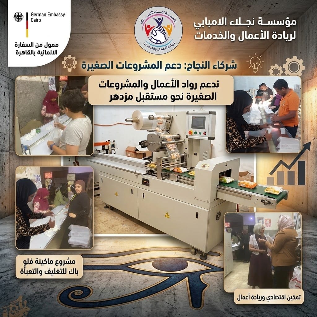 متدربون يعملون على مشروع ماكينة فلو باك للتغليف والتعبئة ضمن جهود التمكين الاقتصادي